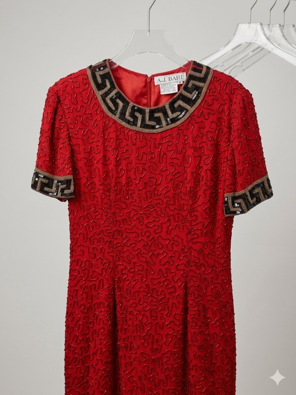 A.J. Bari Red Beaded Tunic with Black and Gold Embellished Collar